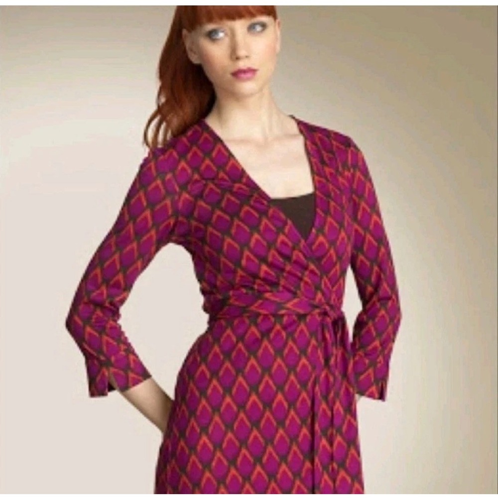 Diane von Furstenberg Vintage Silk Wrap Dress Magenta Orange Geometric Print